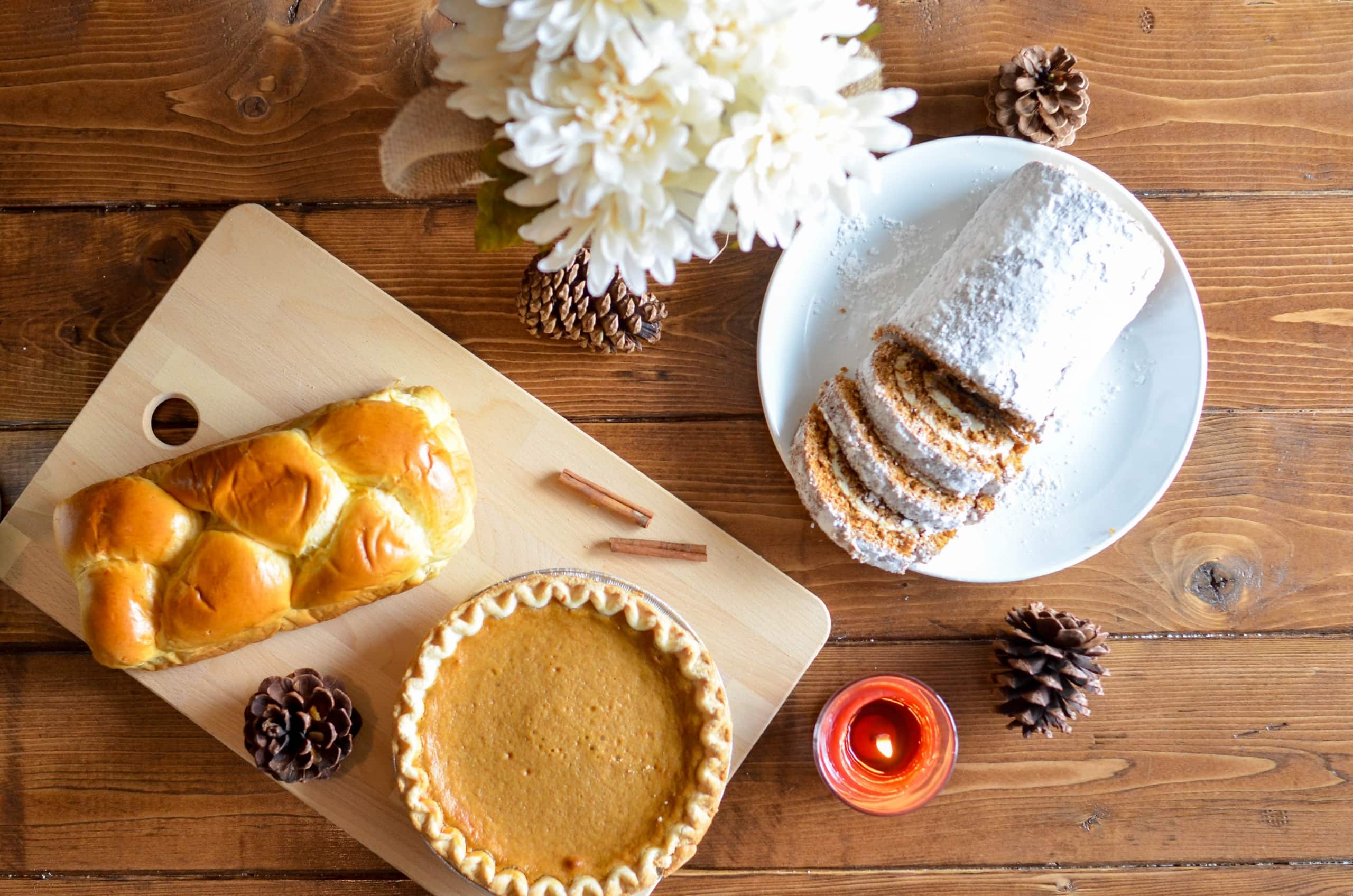 bread pie and cake on plates